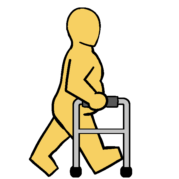 A yellow fat person walking with a gray walker.